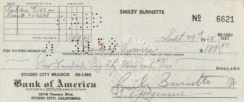 SMILEY (LESTER) BURNETTE - AUTOGRAPHED SIGNED CHECK 09/29/1958