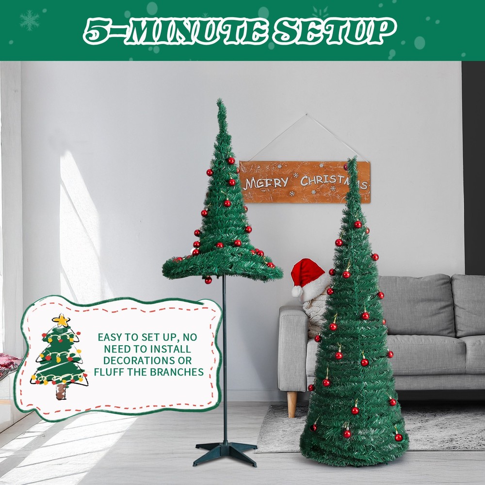 2 Pack, 6FT 5FT Artificial Pop Up Christmas Tree with Red Ball Ornaments