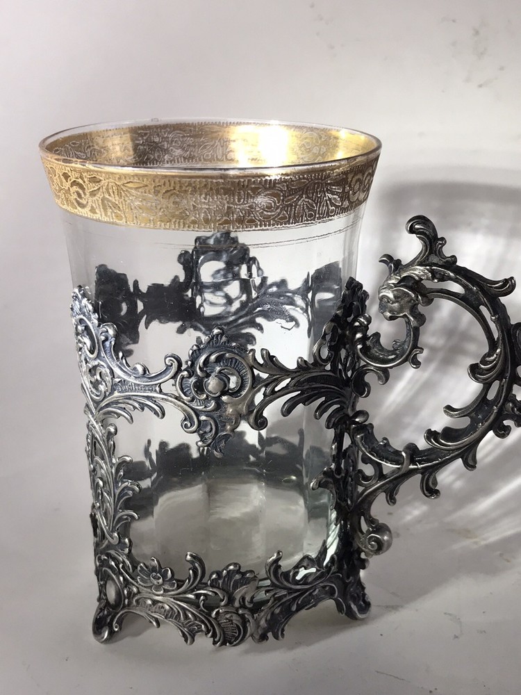 Antique Solid Silver 800 Tea Glass Holder With Glass