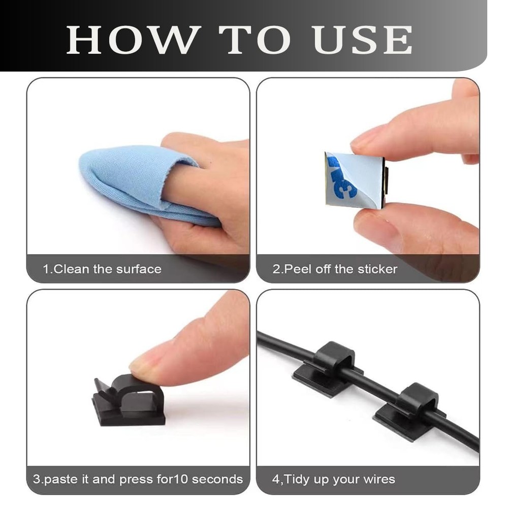 100 PCS Medium Black Cable Clips Adhesive Wire Holders Cord Management Desk