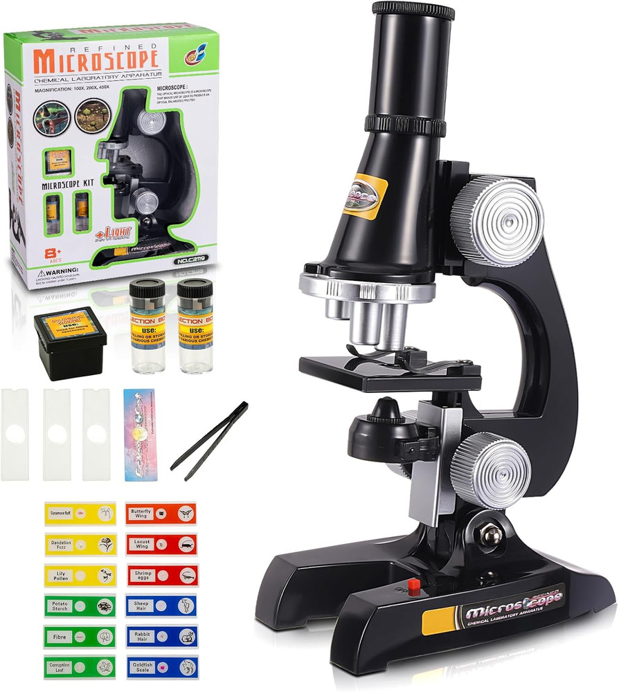 Kids Microscope Kit with LED Light - 100X/400X/1200X Magnification for STEM Lear