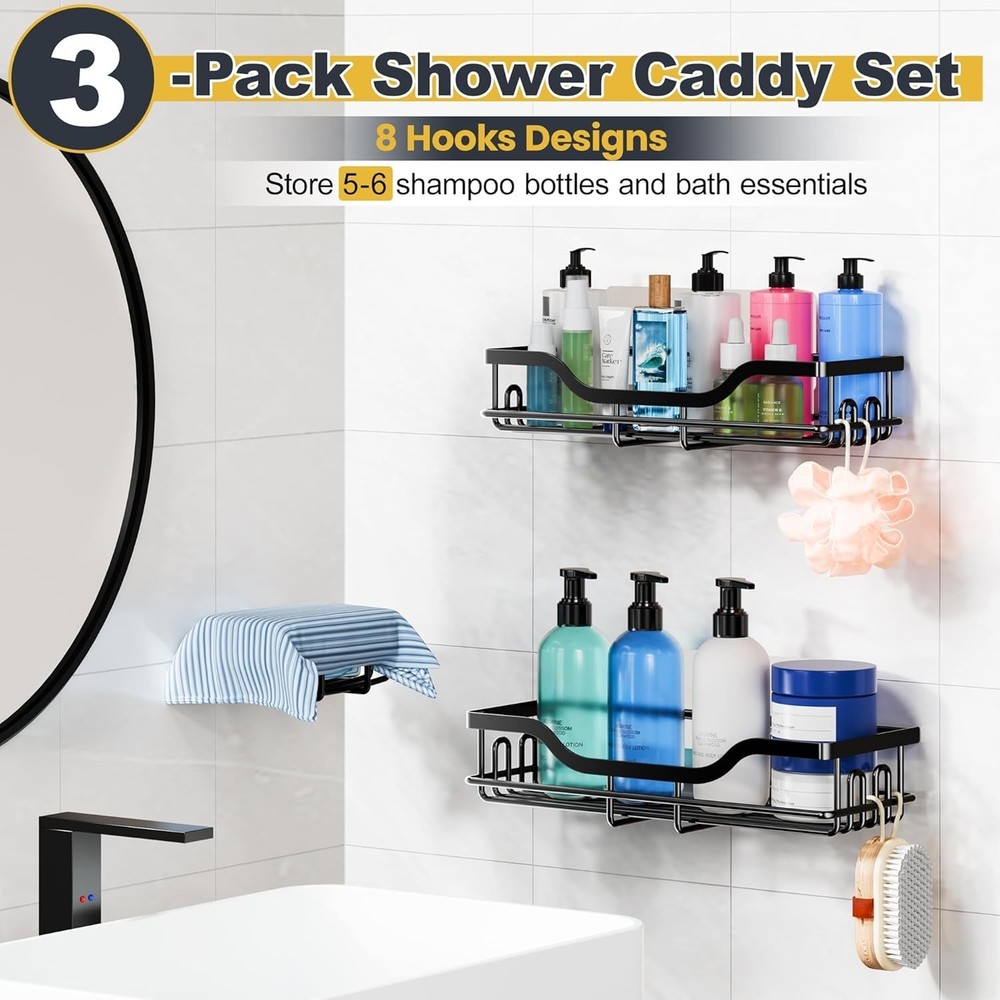 3-Pack Shower Caddy W/ Soap Holder Adhesive Rustproof No-drill Strudy Loading