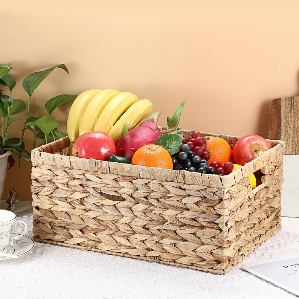 Natural Water Hyacinth Storage Basket Home Rectangular Organizer with Built-i...