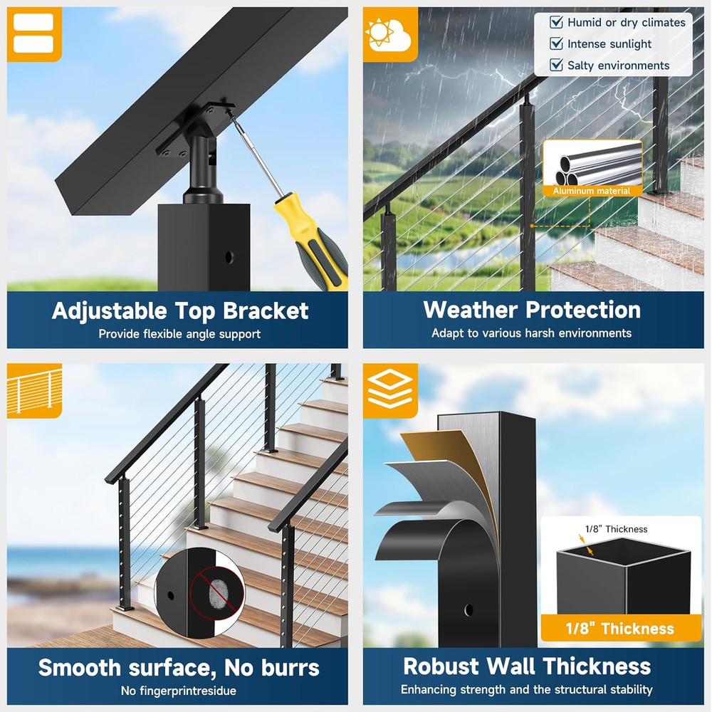 2 Pack 36" Black Aluminum Cable Railing Stair Post for Coastal Projects