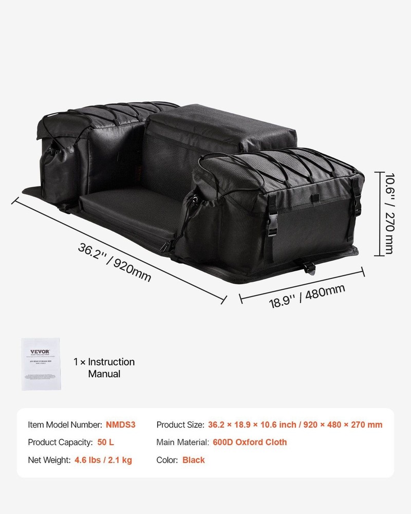 50L Expandable ATV Bag 600D Textile Backrest with Cup Sleeve