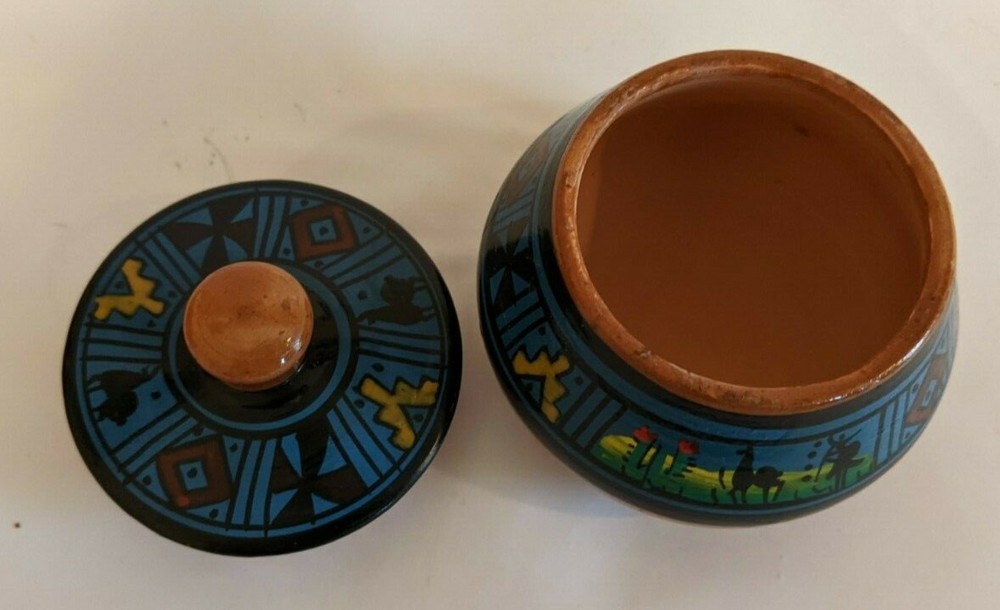 Bright Color Tiny Lidded Hand Painted Fired Clay Jar Southwestern 