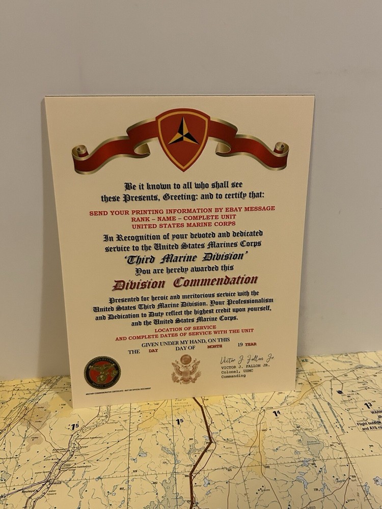 U.S.M.C. / THIRD MARINE DIVISION ~ DIVISION COMMENDATION REPLACEMENT CERTIFICATE