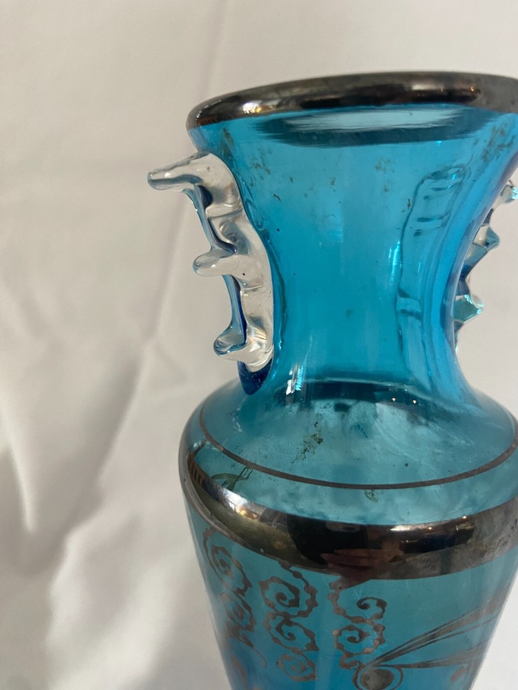 Vintage Blue Glass Vase with Applied Silver