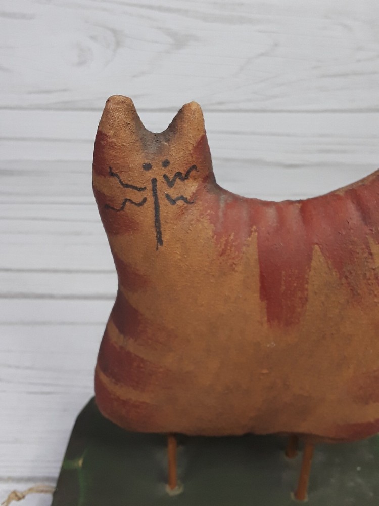 Primative Cloth Canvas Cat Pull Toy Folk Art Hand Painted Made Functioning