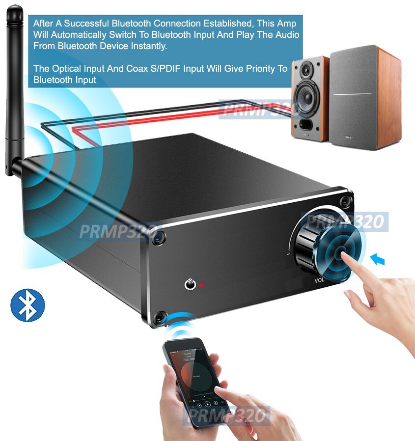 100W Mini Hi-Fi Audio Preamp Amplifier With AUX Bluetooth Inputs Volume Control