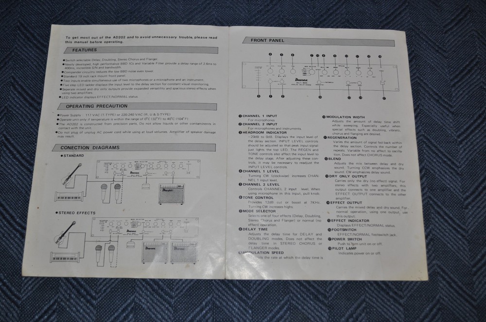 IBANEZ Multi Mode Analog Delay Phase Shift AD202 Rack Mount Studio Gear Manual