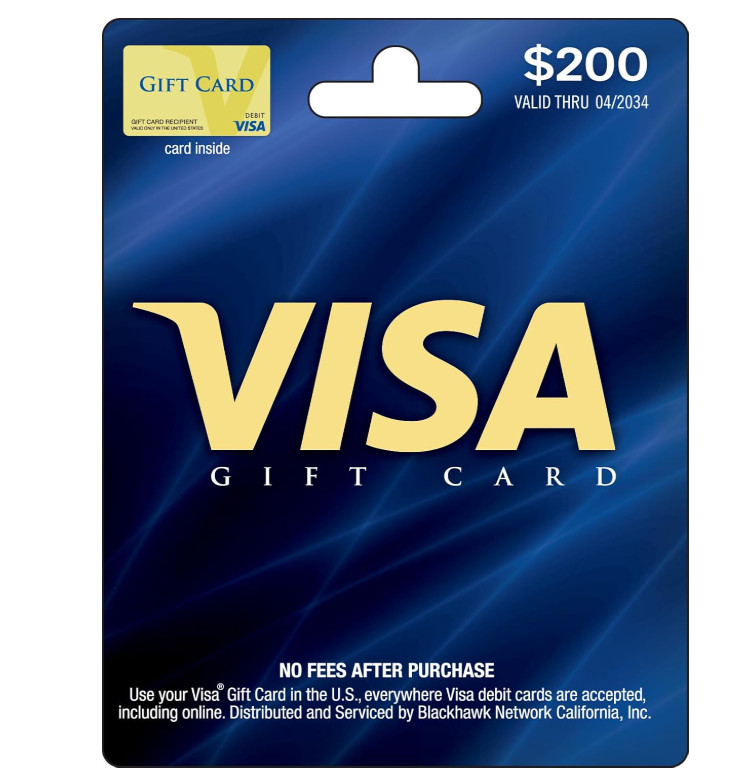 Visa Physical Gift Card $200 (plus $6.95 Purchase Fee)