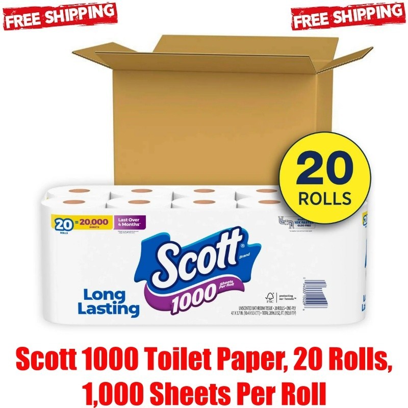 Scott 1000 Toilet Paper, 20 Rolls, 1,000 Sheets Per Roll