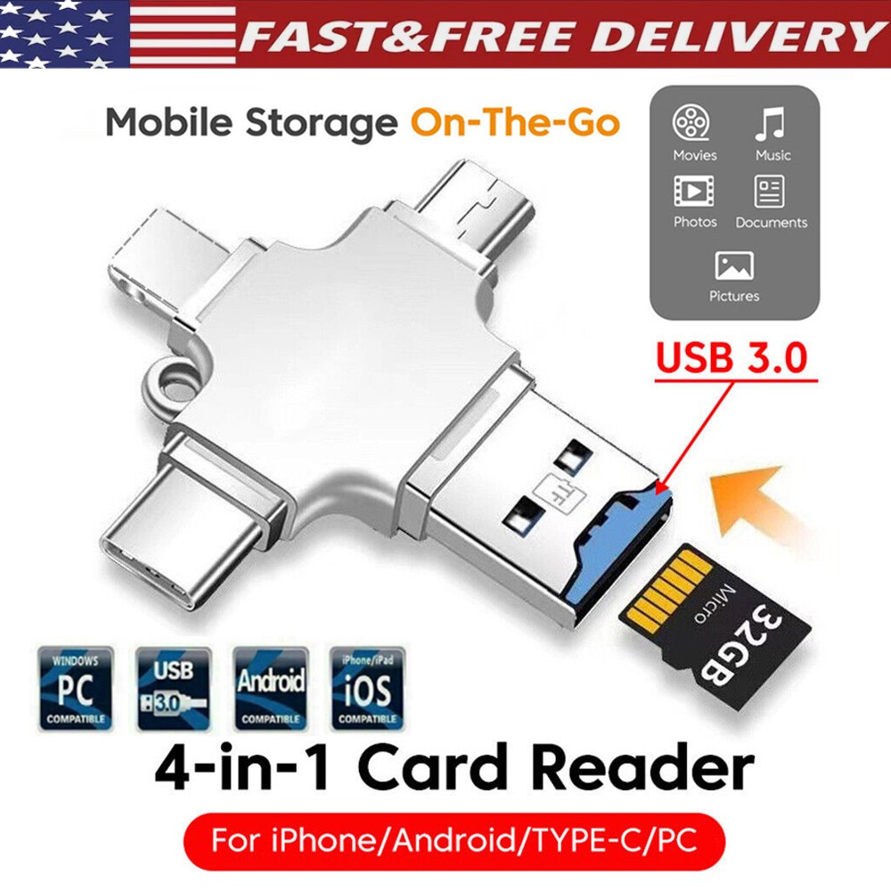 4 in 1 OTG Card Reader USB-C Micro TF Memory Card Adapter For iPhone Android PC