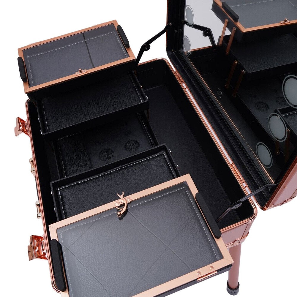 3-Tier Rolling Makeup Train Case LED Cosmetic Trolley Makeups Organizer + Mirror