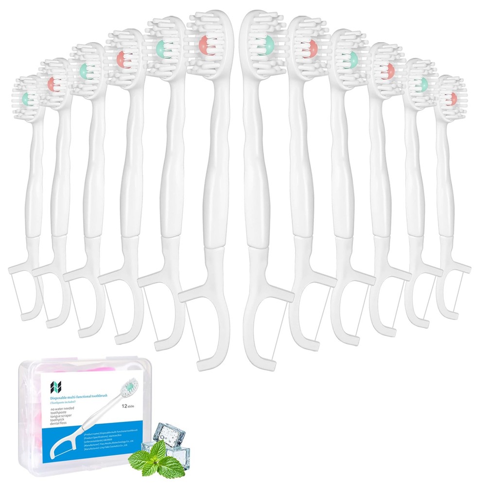 5 in 1 Disposable Mini Toothbrushes with Toothpaste Tongue Scraper Floss Pick...