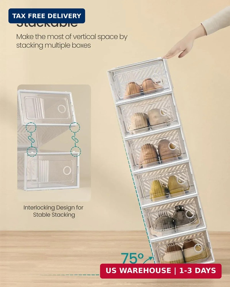 SONGMICS Stackable Shoe Boxes, Foldable Shoe Storage Organizers, Ventilated, for