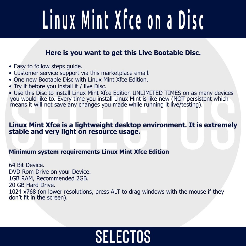 Linux Mint 21.2 Victoria Xfce Edition Live CD Bootable DISC Linux OS x86 64bit