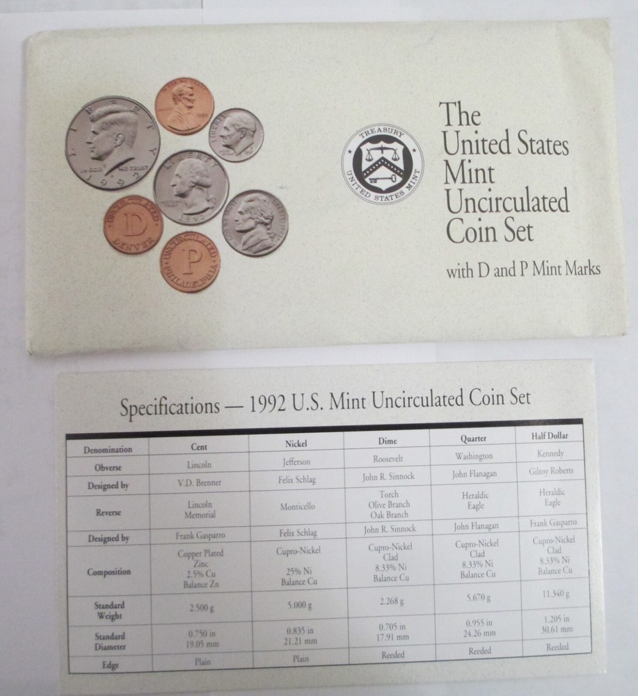 1992 US Mint Uncirculated Coin set with envelope and Specs.