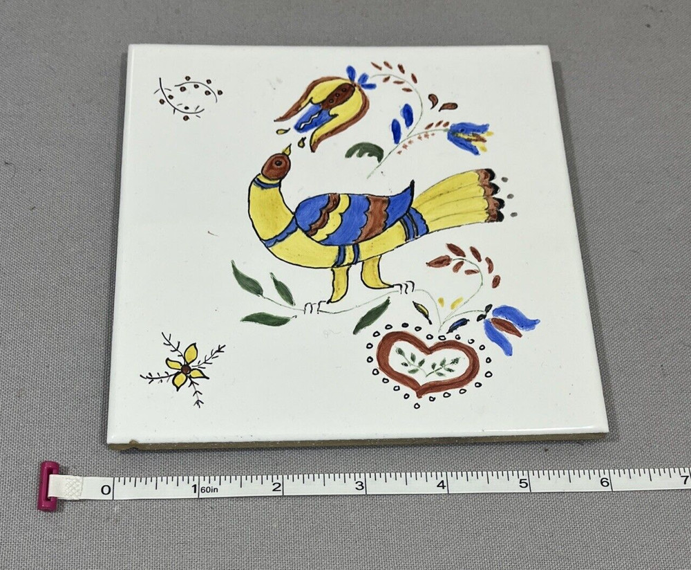 Hand Painted Eating Bird Tile Unknown Artist