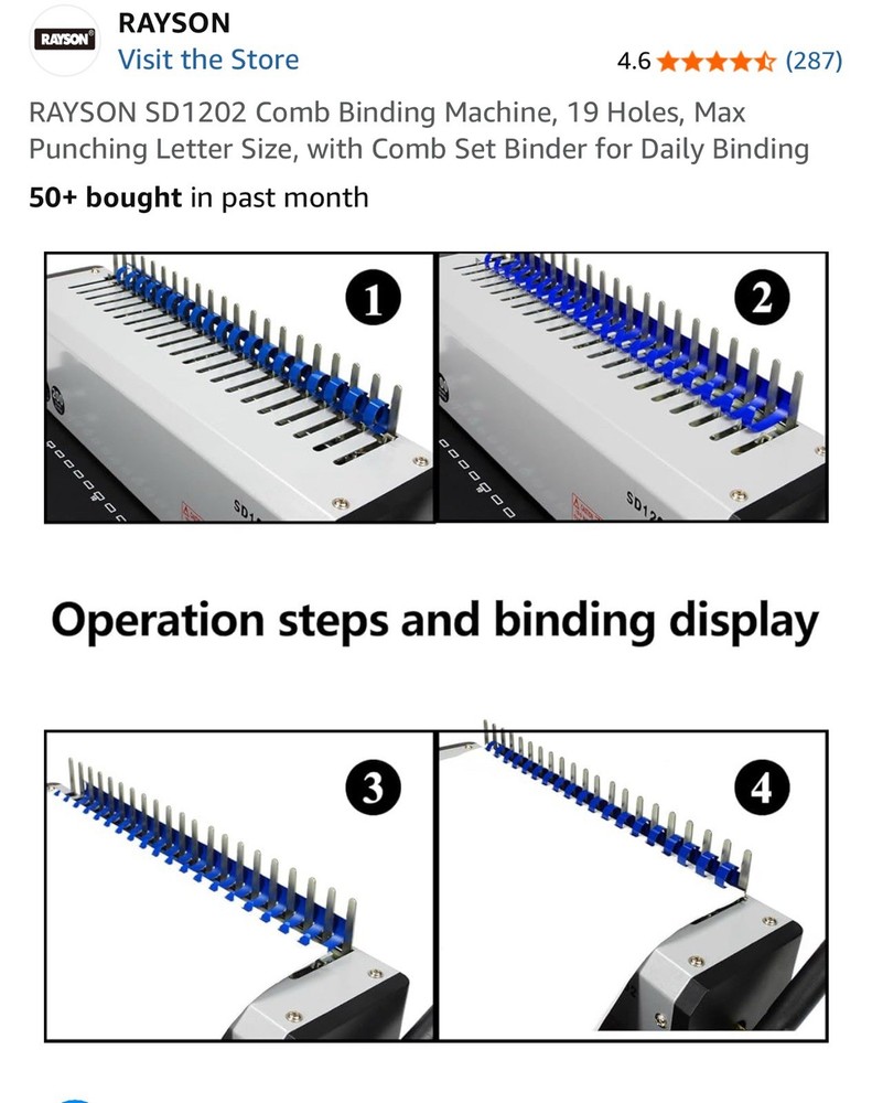 RAYSON SD1202 Comb Binding Machine, 19 Holes, Max Punching Letter Size, with ...