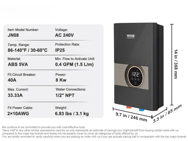 Instant Water Heater On Demand Electric Water Boiler Digital Temperature Display