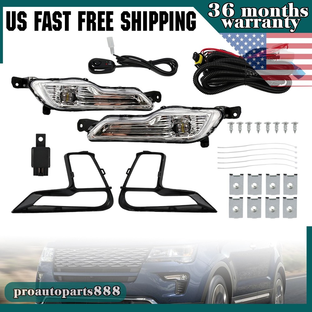 For 2018 2019 Ford Explorer Clear LED Fog Light Kit Set with Switch Bezel Wire