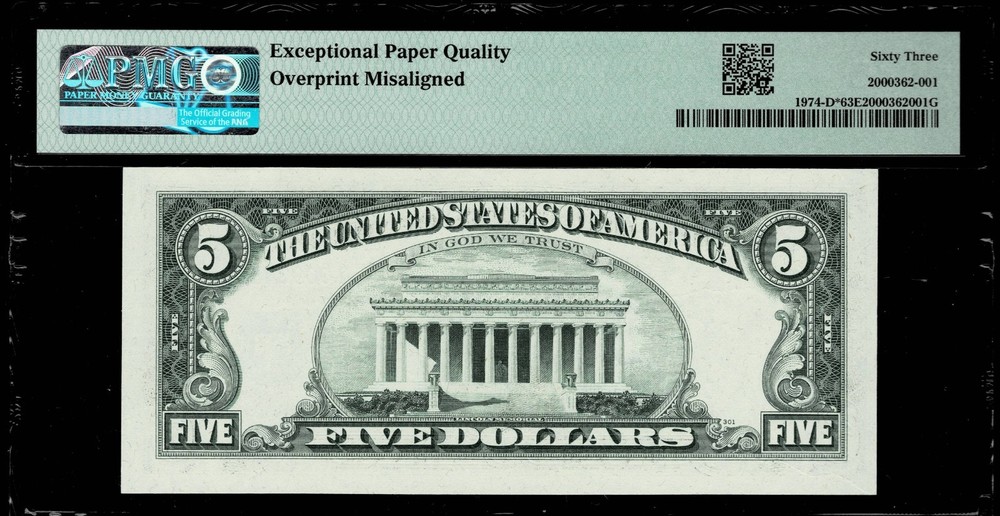 MISALIGNMENT ERROR $5 1977 FR NOTE FR.#1974-D**STAR NOTE** PMG UNC 63 EPQ