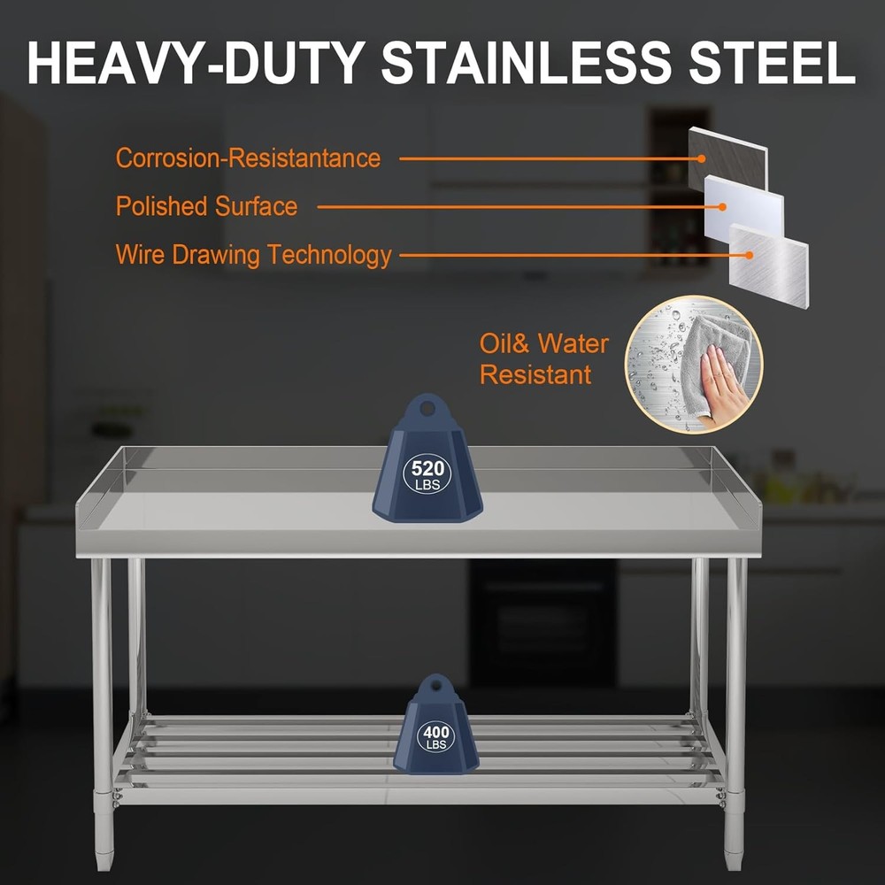 Stainless Steel Work Table 48x24" W/ 3-Side Backsplash NSF Adjustable Undershelf