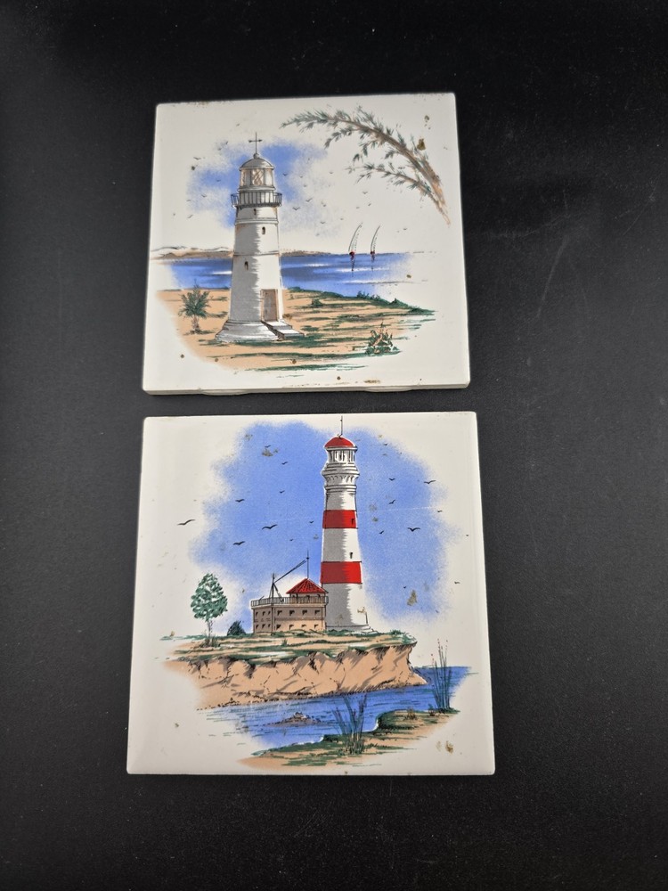 2 Tiles 4"×4" Painted Lighthouse Nautical Theme Scenery