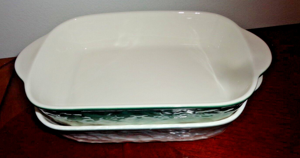 Set of 2 Green & Gray Ceramic Rectangular Baking Roasting Stackable Pan 9X5.5X1"