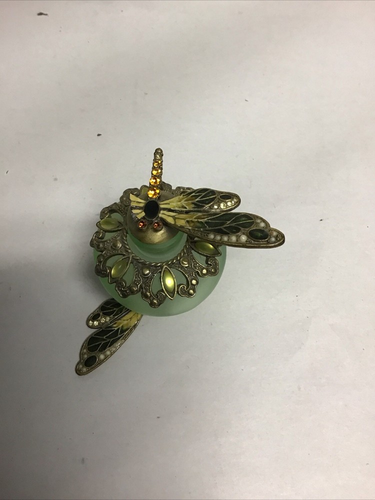 Dragonfly Empty Refillable Glass Perfume Bottle Green Beautiful 3” *READ*