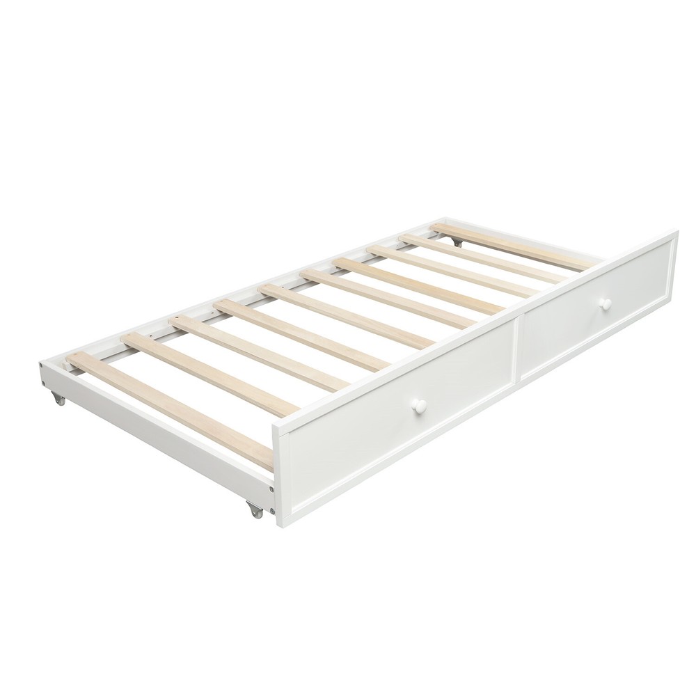 Twin Size Daybed Wooden Bed Frame Sofa Bed with Pull Out Trundle Bed White
