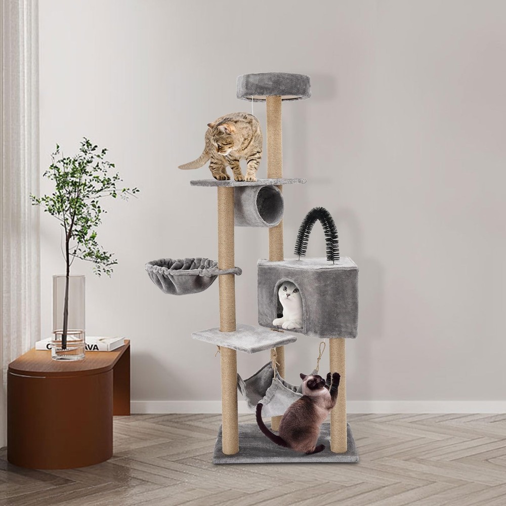 Multi-Level Cat Tower with Scratching Posts Hammock Condo 63" Tall for Cats