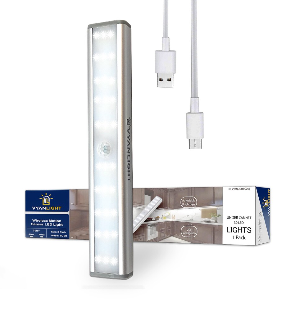 30 LED Under Cabinet Lights - Motion Sensor, Rechargeable, Kitchen Closet Lamp