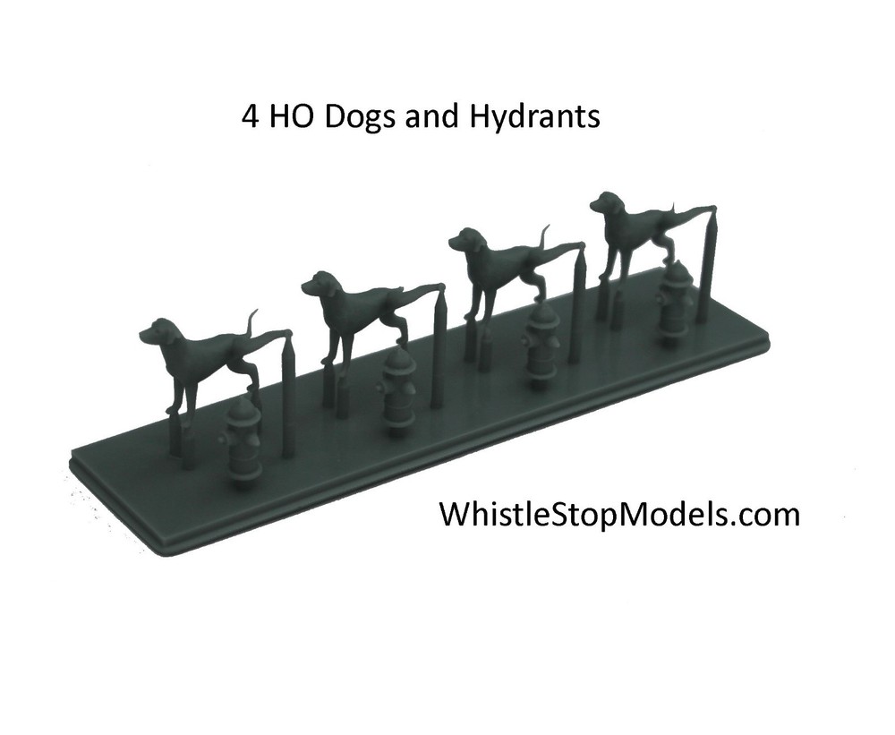 HO Scale 4 Dogs and Firehydrants
