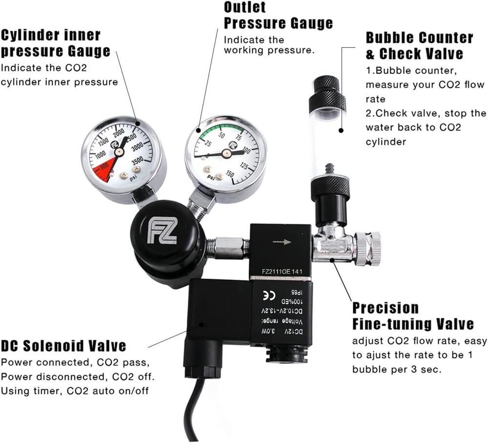High Precision CO2 Regulator for Aquariums with Adjustable Bubble Counter