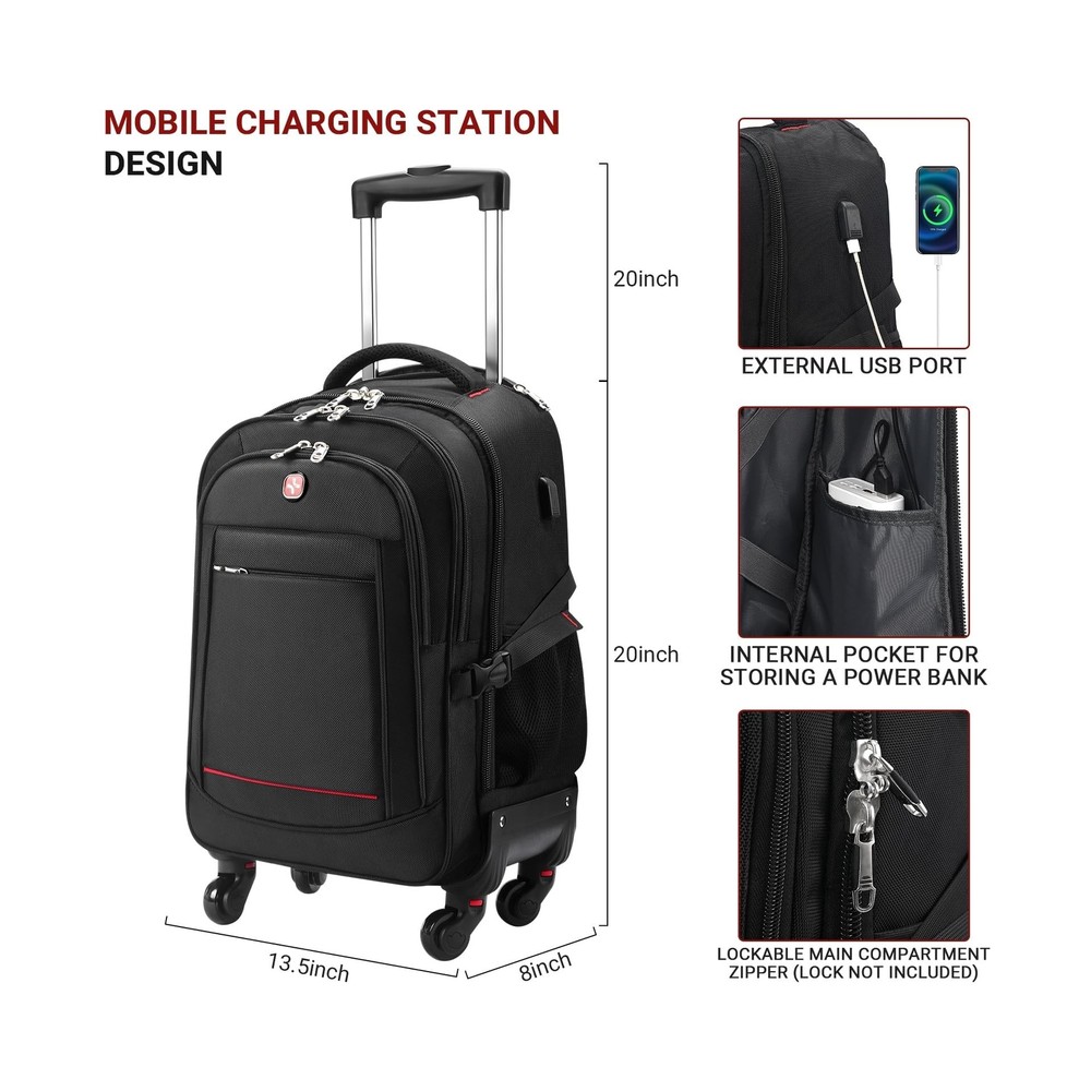 Rolling Backpack with 4 Extra Wheels - Water-Resistant, Airline Approved Unde...