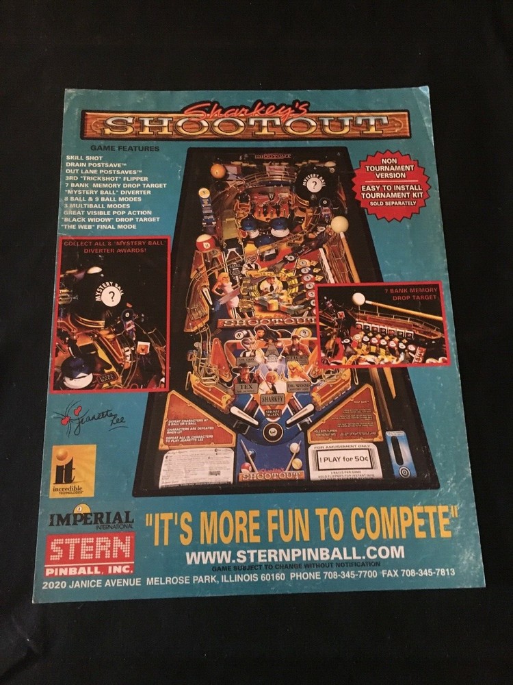 Stern Sharkey's Shootout Pinball Flyer, NOS 2000