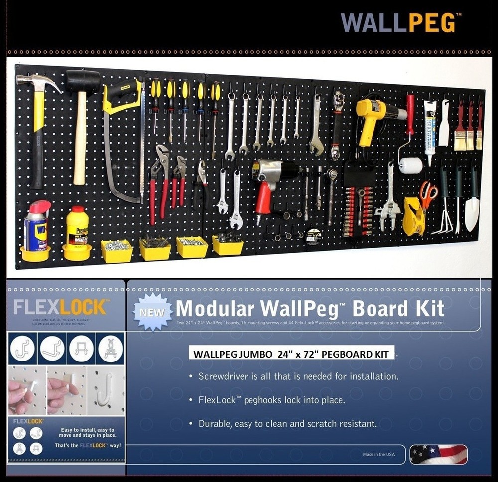 WallPeg (4) Black Plastic Pegboard Panels – 96” Wide Garage Tool Pegboard
