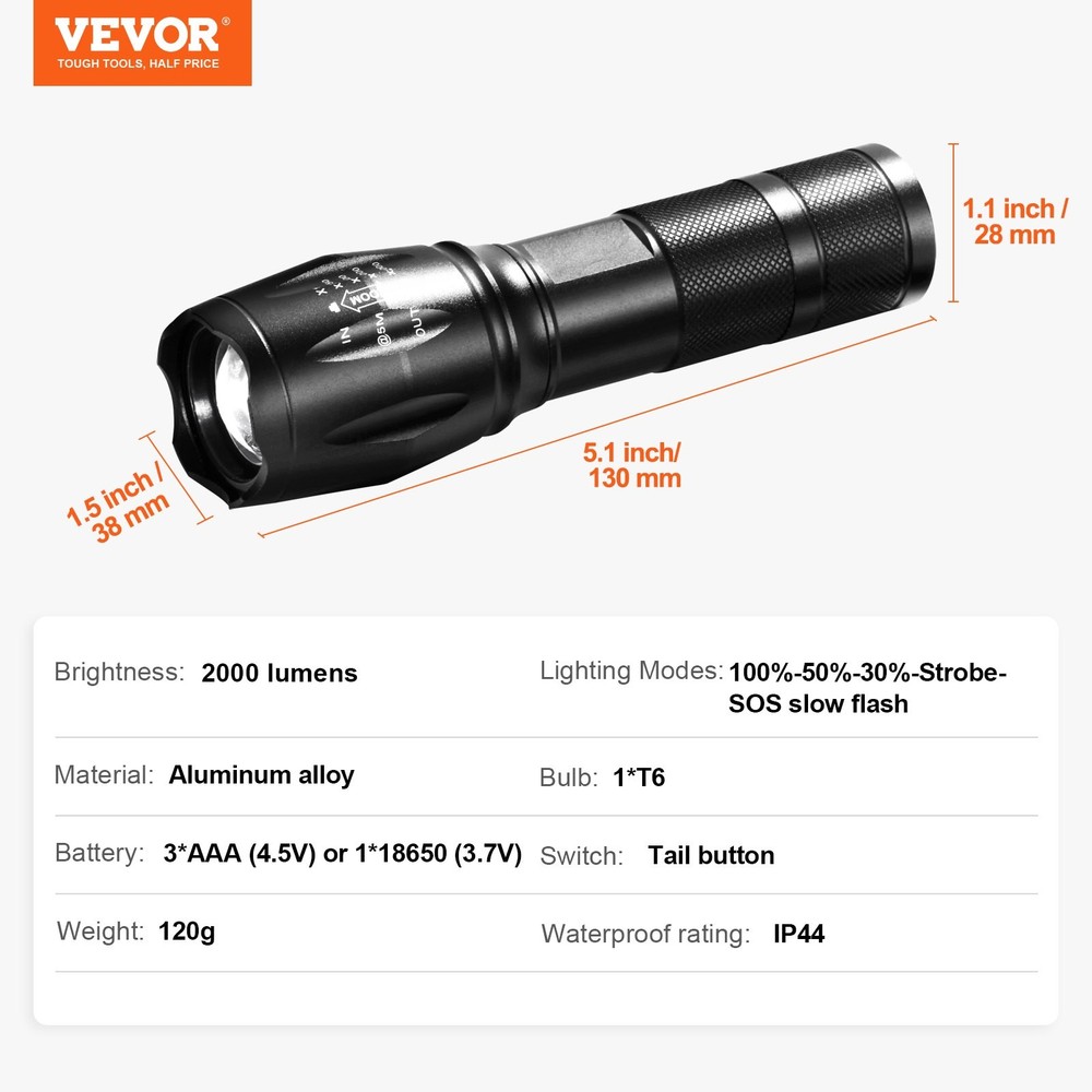 2 Pack Flashlights Torch 2000 High Lumens 5 Modes Adjustable Focus Flashli