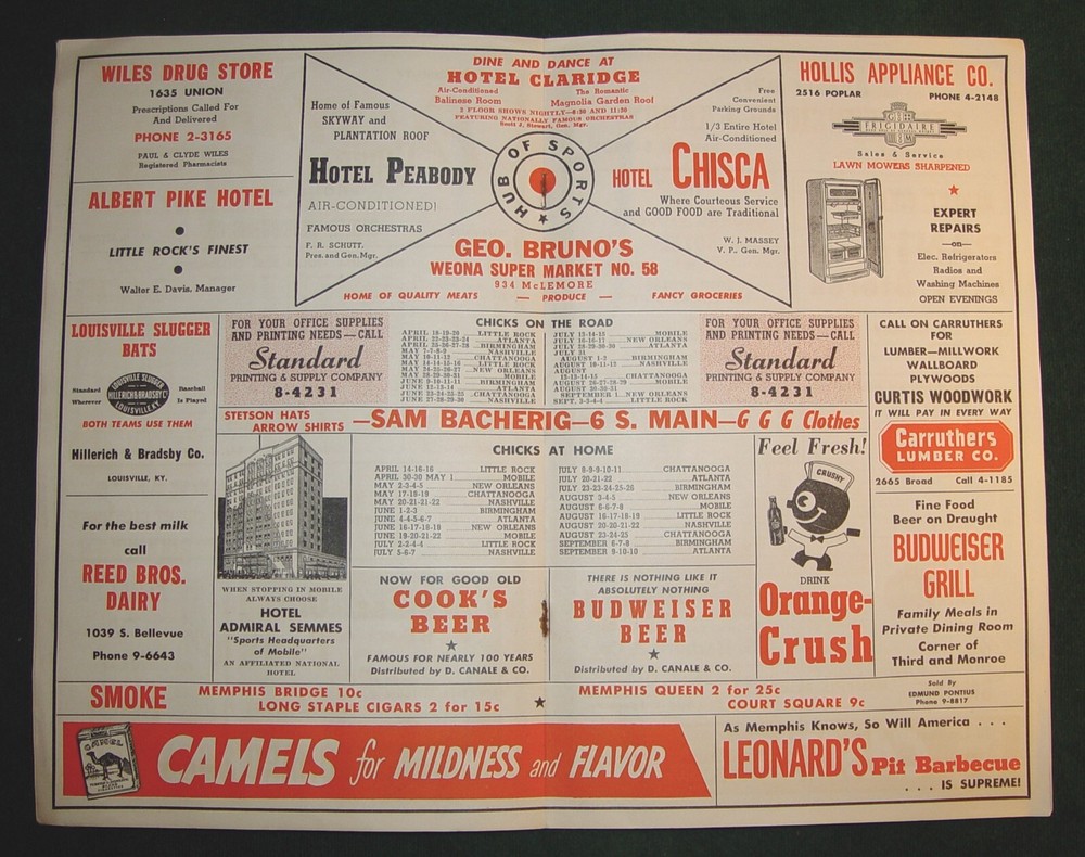 Vintage August 1950 MEMPHIS CHICKS Baseball Team Score Card / Program - Unscored