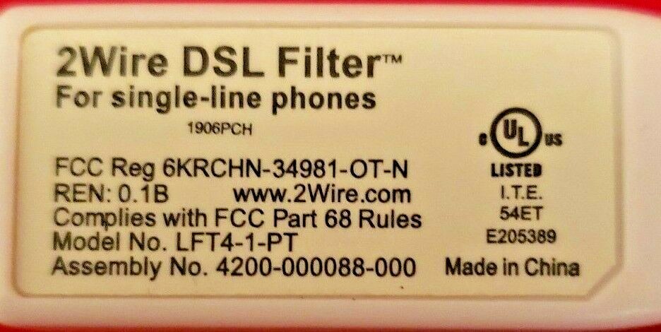 2WIRE DSL Filter™ LFT4-1-PT • DSL/HPNA PHONE Filter