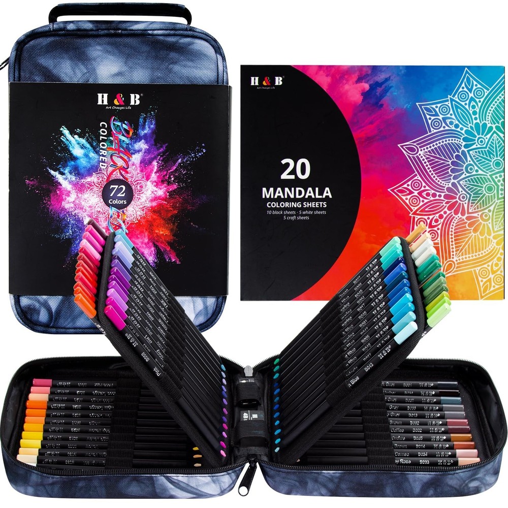 72-Color Colored Pencils Set with Mandala Coloring Sheets, Eraser, Sharpener ...