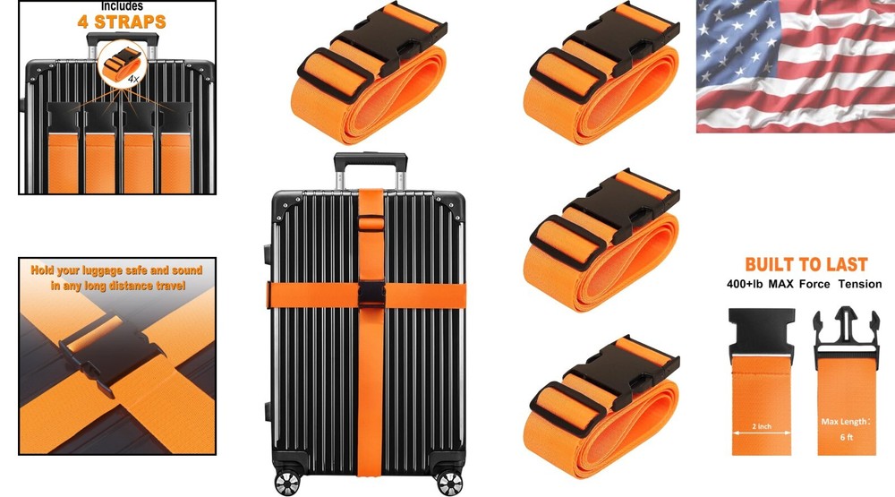 Adjustable 6-Foot Nylon Luggage Straps for Easy Baggage Identification - 4 Pack