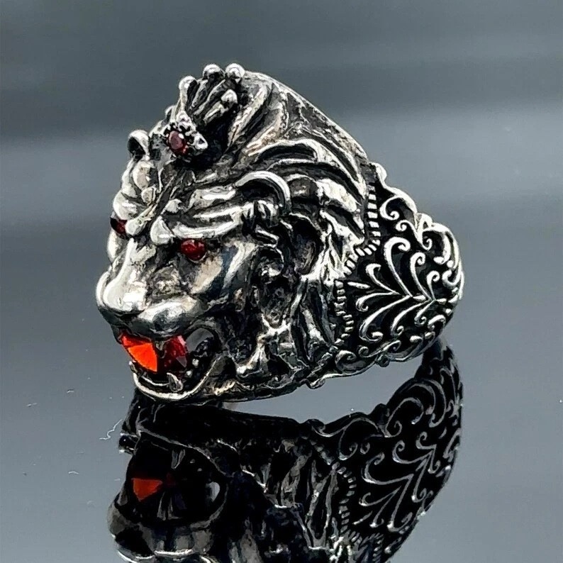 Silver 925 Ruby Eyes Leon Head Animal Signet Ring