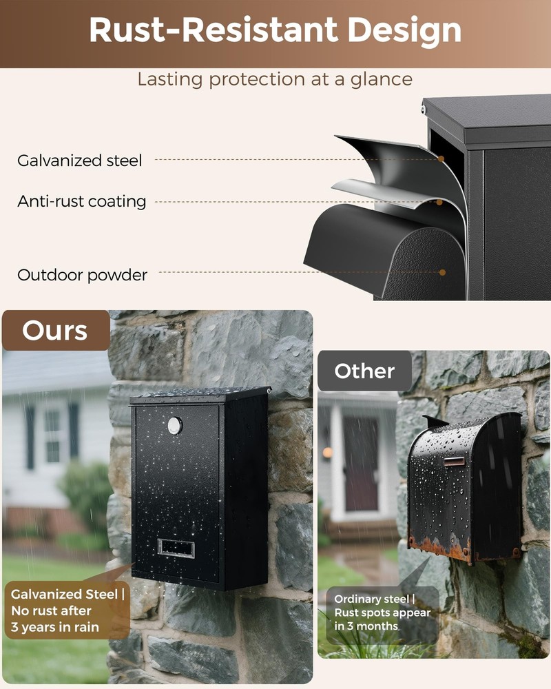 Locking Wall-Mount Mailbox for Outside with 4 Keys Galvanized Steel Rustproof...