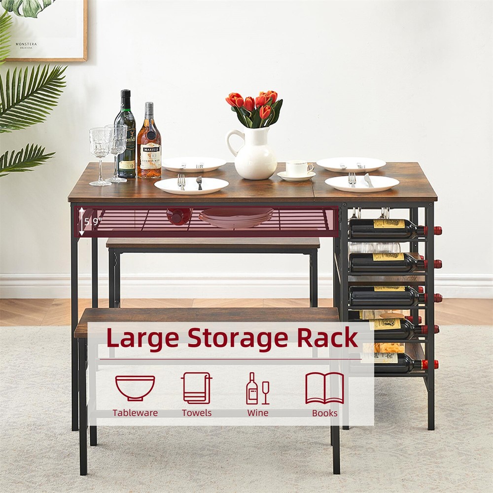 3 Piece Dining Table Set for 4 Kitchen Table Set for 4 with 2 Benches Wine Rack