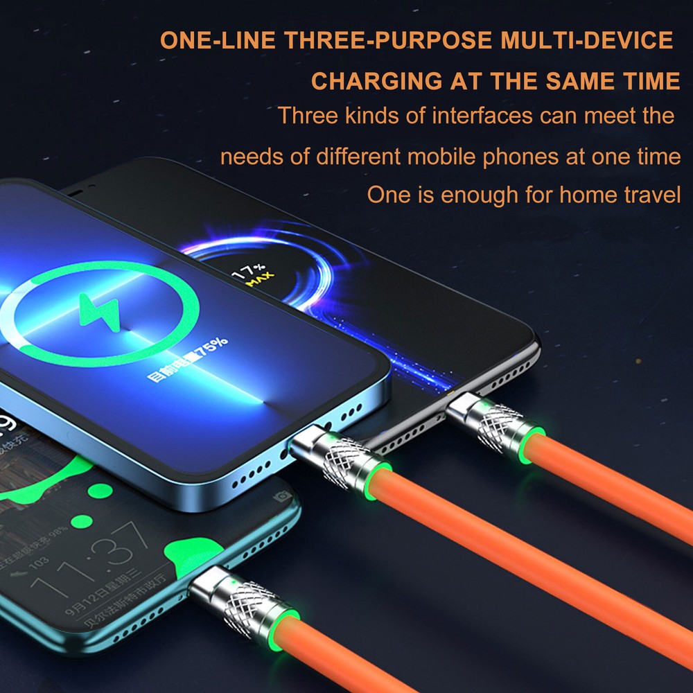 "3 in 1 Fast Charger Cable for iPhone/Type C/USB - Multi-Device Charging"