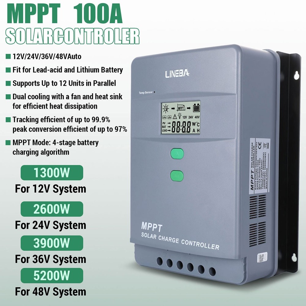 100A MPPT Solar Panel Battery Charge Controller 12V 24V 48V Auto Adjustable LCD